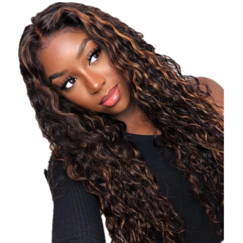 Women's Lace Black and Brown Mix Curly  Chemical Fabric Hair Wig WIG-048