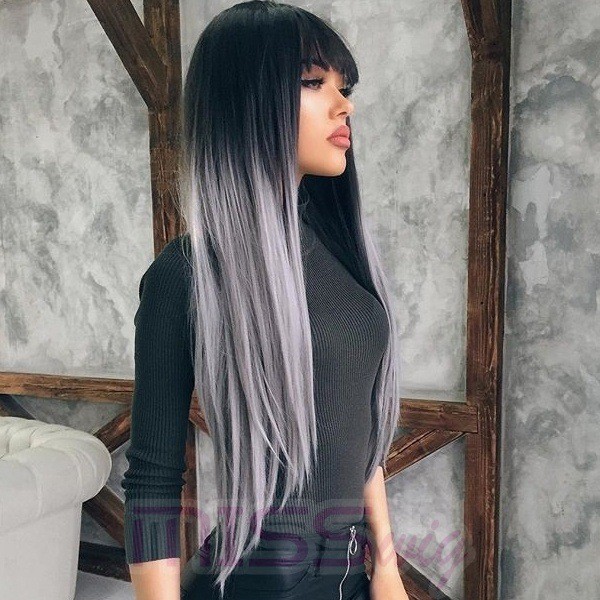 Women's Lace Black Gray Gradient Long Straight Wig  Chemical Fabric Hair WIG-045