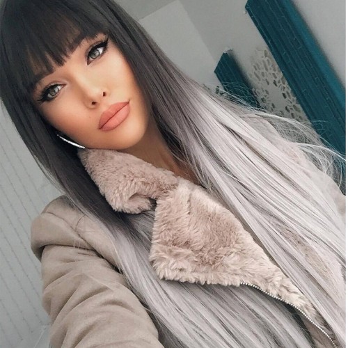 Women's Lace Black Gray Gradient Long Straight Wig  Chemical Fabric Hair WIG-045