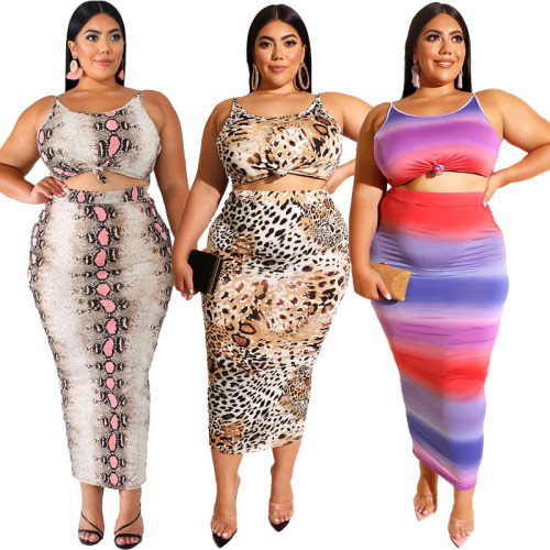 Women's Plus Size Leopard Print Sling Skirt 2 Piece Set WS-065