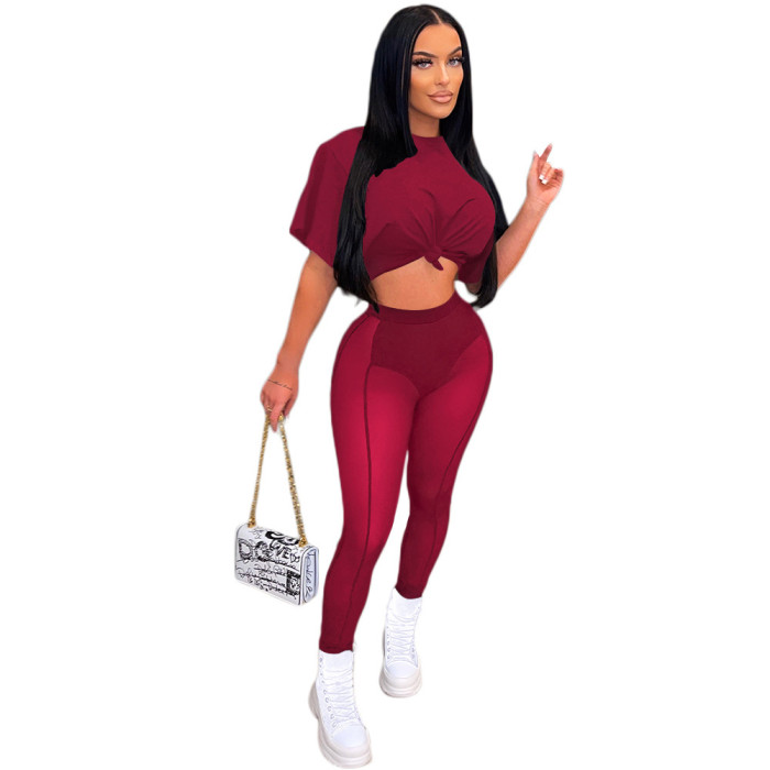 Women's Exposed Navel Short T-shirt + Mesh Commuter Two-piece Set WS-068