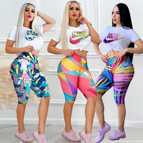 Women's Printed High Waist Color Contrast Shorts Short Sleeve Suit LOVE6605