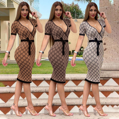 Women's Printed V-Neck Sexy Lace-Up Dress DD9993