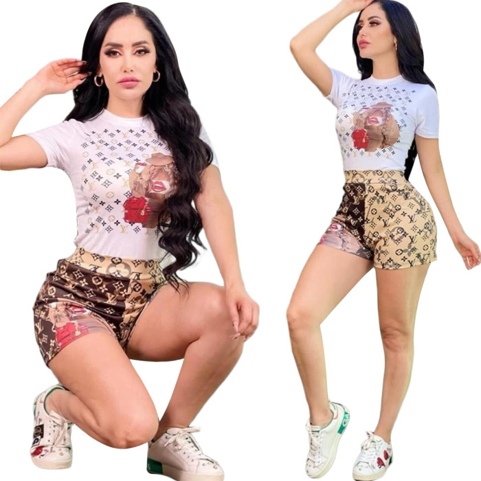 Women's Summer Print Short Sleeve Shorts Set WS-069