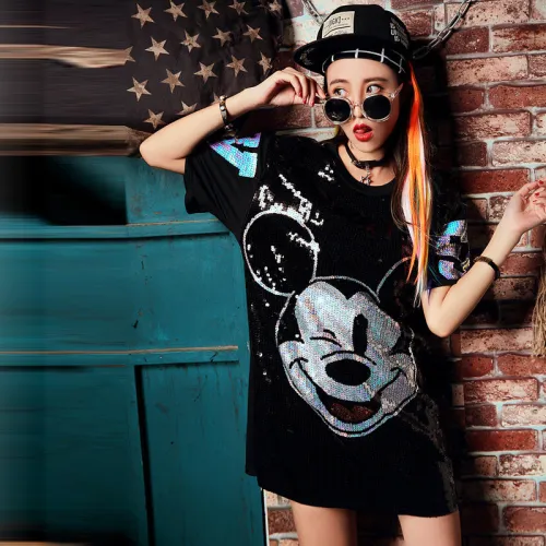 Mickey Sequin T-Shirt Short Sleeve Loose Mid Length Top THT-001