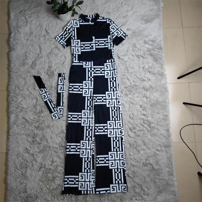 Ladies Fashion Casual Short Sleeve Lapel Printed Jumpsuit WS-143