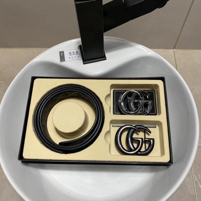 GUCCI Counter Quality Double GG Two Style Buckle 3.8CM Top Layer Cowhide Belt With Gift Box(Free send eye shot) GCBT-001