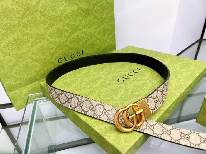 GUCCI Counter Quality Double GG Buckle 3.8CM Top Layer Cowhide Belt + Handbag + Wallet Set With Gift Box(box,invoice,bag) GCBT-003