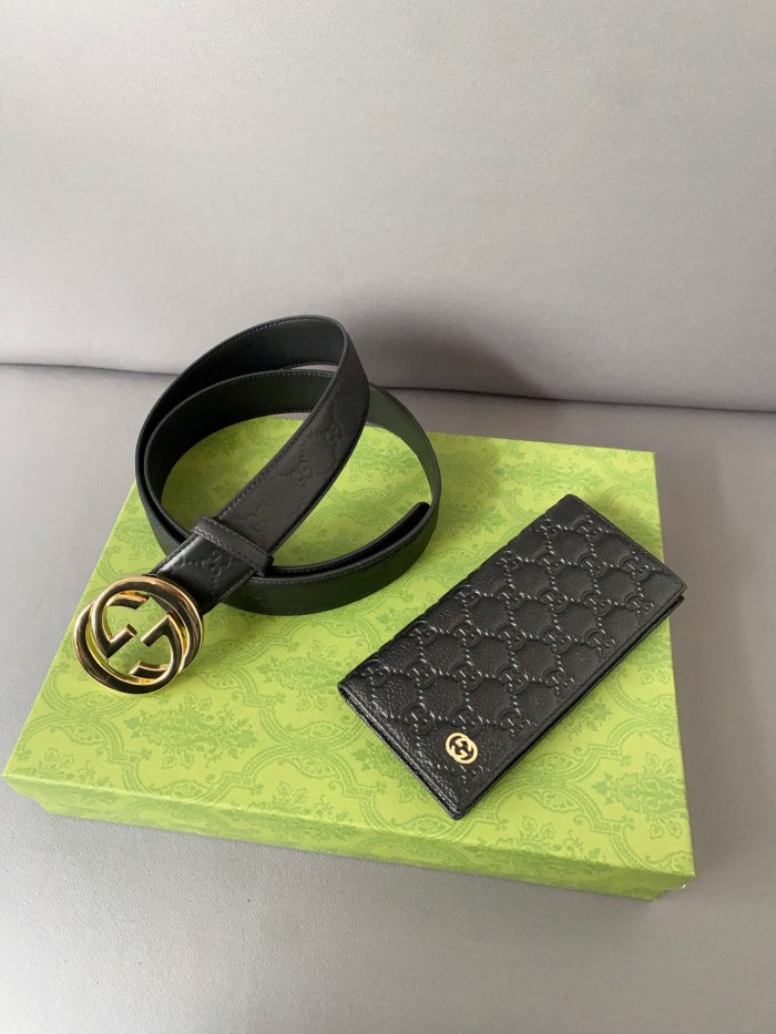 GUCCI Counter Quality Double GG Buckle 3.8CM Top Layer Cowhide Belt + Wallet Set With Gift Box(box,invoice,bag) GCBT-002