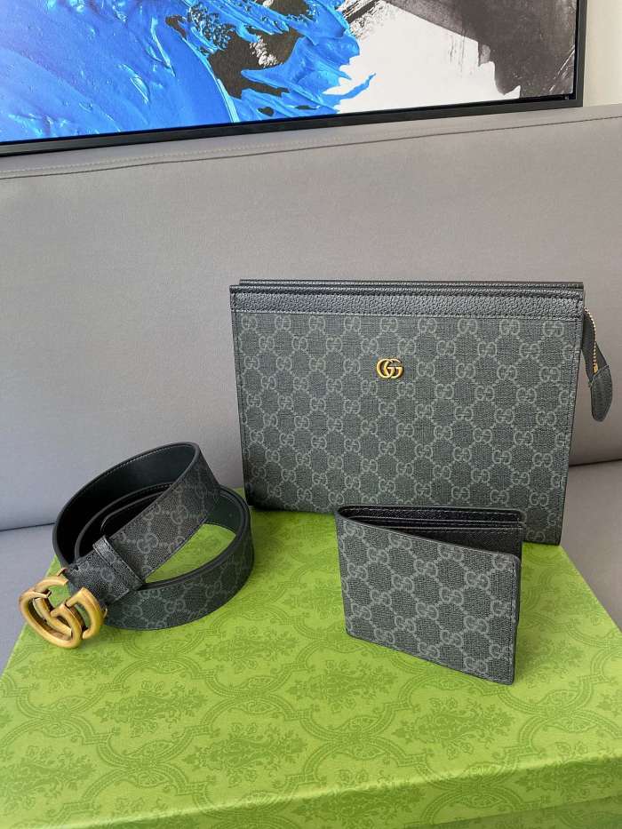 GUCCI Counter Quality Double GG Buckle 3.8CM Top Layer Cowhide Belt + Handbag + Wallet Set With Gift Box(box,invoice,bag) GCBT-003