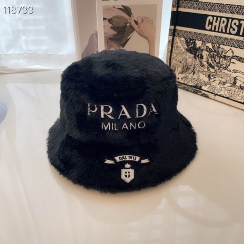 Prada Mink Fur Embroidered Badge Bucket Hat with Box BEN-007