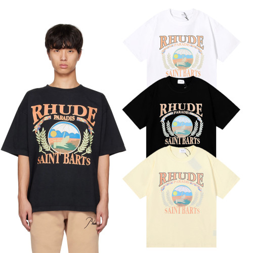 Rhude Fashion Loose 100% Cotton Sunset Beach Graphic Print T-shirt For Men and Women RHD-027