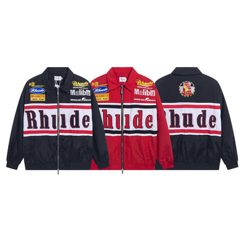 Rhude Fashion Loose 100% Cotton Badge Embroidered Small Lapel Zip-Up Jacket For Men and Women RHD-071
