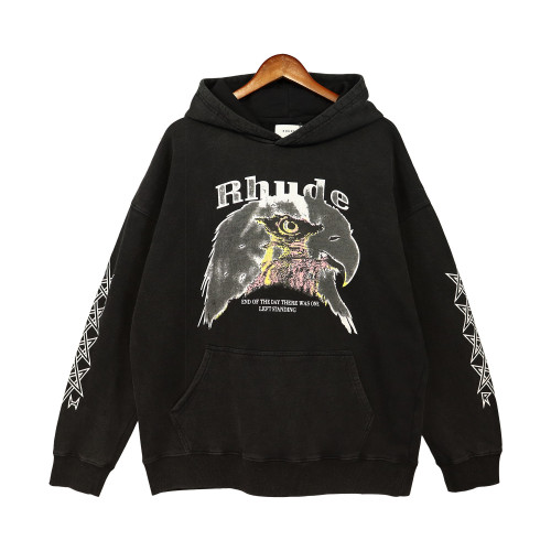 Rhude Fashion Loose 100% Cotton Eagle Print and Pentagram Print on Sleeves Loose Casual Hooded Hoodie For Men and Women RHD-062