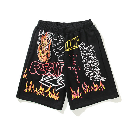 Hip Hop Kanye Fashion Loose 100% Cotton Foam Flame Graffiti Shorts For Men and Women KAYE-004