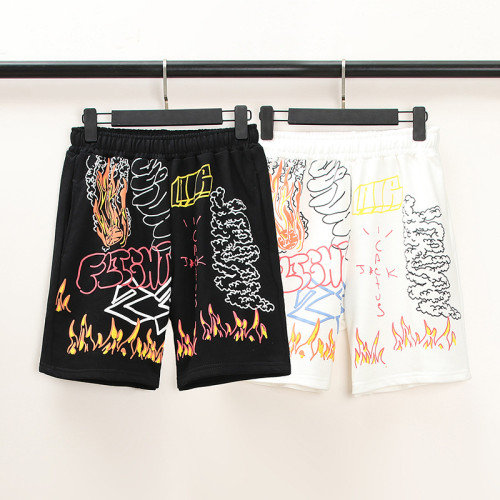 Hip Hop Kanye Fashion Loose 100% Cotton Foam Flame Graffiti Shorts For Men and Women KAYE-004