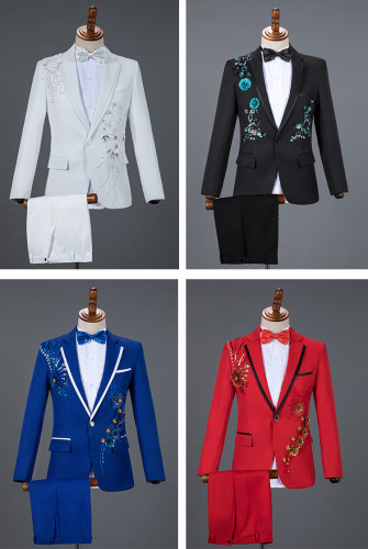 Men's Fashion Costumes Stage Chorus Sequins Slim Fit Top+Tie+Long Pant Suit  100% Nylon MST-004