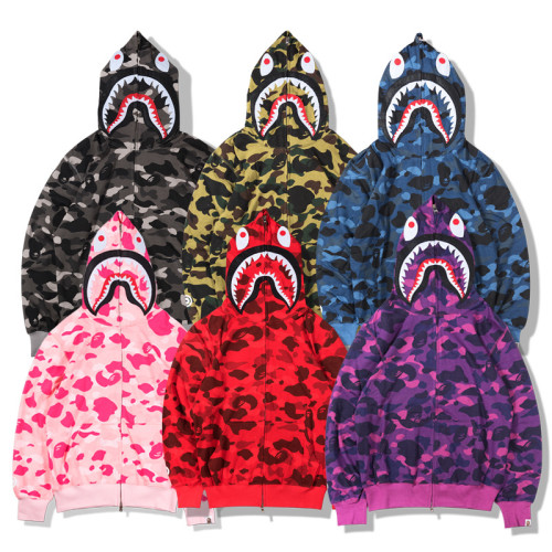 Adult Bape Fasion 95% Cotton Camouflage Shark Embroidery Zipper Hoodied Hoodie BPH-187