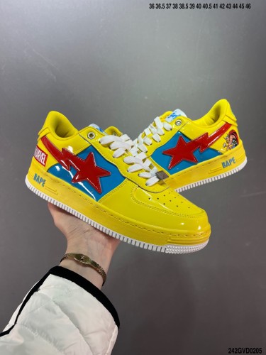 Original Grade Top Quality BAPE Joint Marvel Studios Hard Patent Leather Upper Material External Thick Wear-resistant Rubber Outsole Sneaker with Box(PVC shoe box as the picture show + large camouflage shopping bag) BPS-055