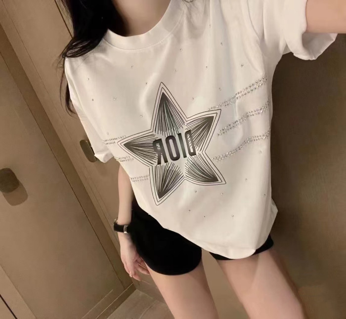 High Quality Dior 260g 100% Cotton Pentagram Hot Drill Three-dimensional Embroidery Logo T-shirt for Women and Men with Original OPP Package and Tags DRTS-014