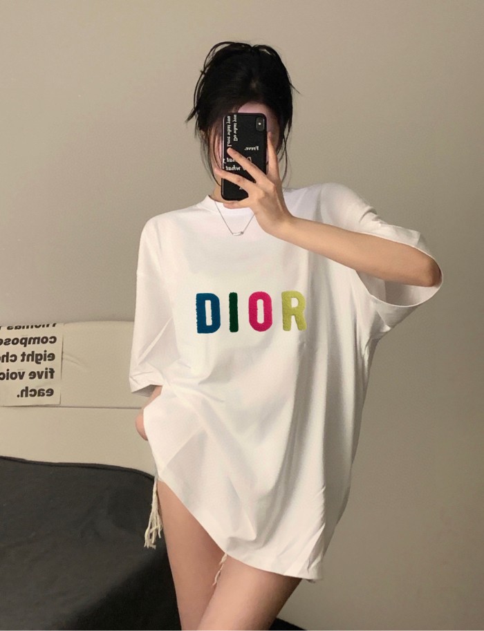 Top Quality Dior 280g 100% Cotton Rainbow Towel Embroidery Logo T-shirt for Women and Men with Original OPP Package and Tags DRTS-078