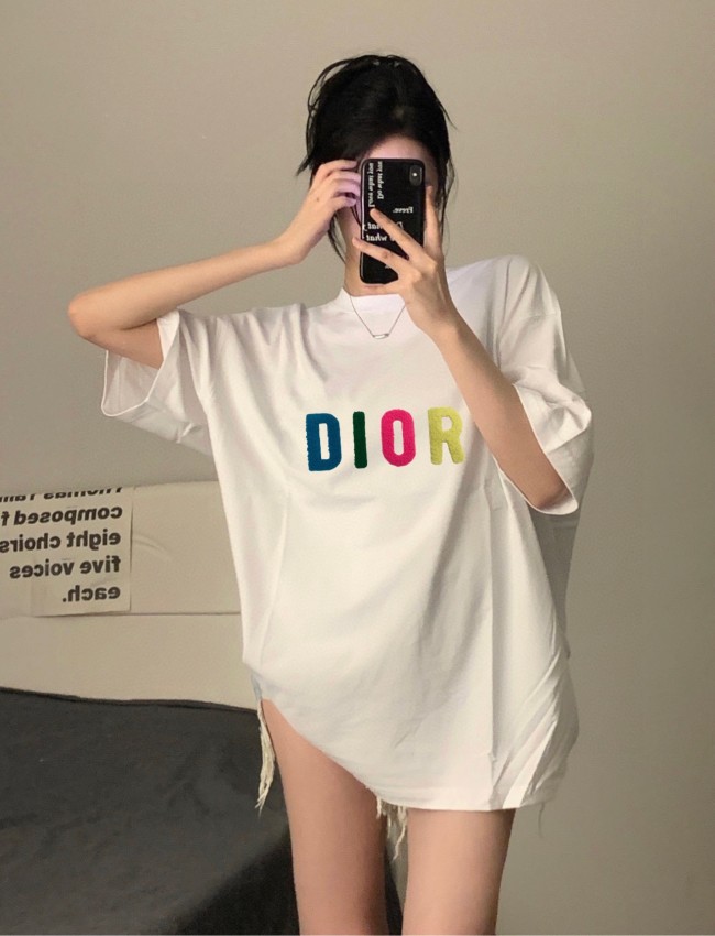 Top Quality Dior 280g 100% Cotton Rainbow Towel Embroidery Logo T-shirt for Women and Men with Original OPP Package and Tags DRTS-078