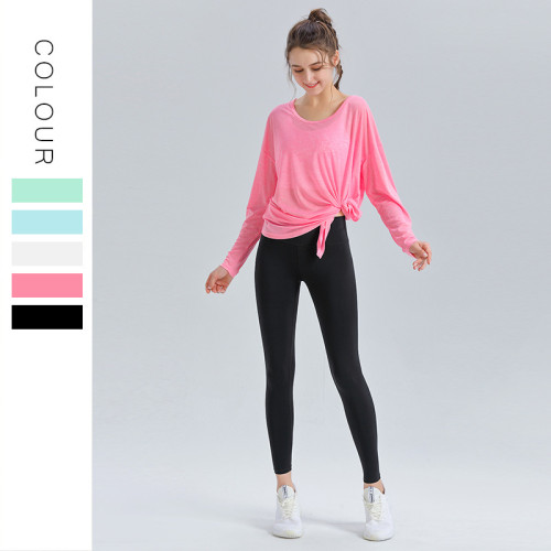 Custom LOGO/Pattern Solid Color 70% Tencel + 30% Bamboo Fiber Training Fitness Yoga Suit Yoga Long-sleeved T-Shirts + Cropped Pants Set For Women (Instock) YGST-024 TC0036+K0019