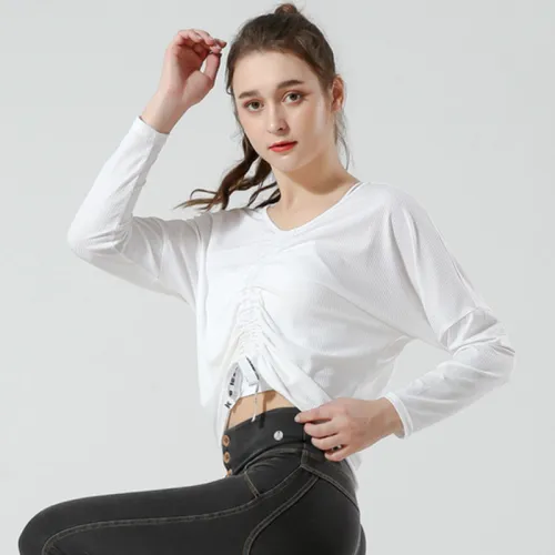 Custom LOGO/Pattern Solid Color 95% Cotton + 5% Spandex Training Fitness Reversible Drawstring Yoga Long-sleeved T-shirt Yoga Sports Tights Coat For Women (Instock) YGT-008 TD0001