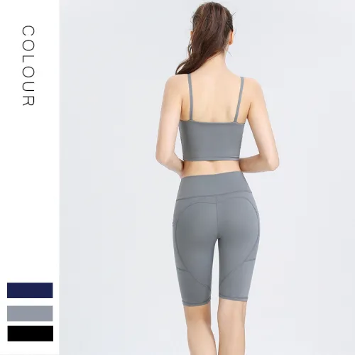 Custom LOGO/Pattern Solid Color 75% Nylon + 25% Spandex Training Fitness Yoga Suit Yoga Bra/vest + Middle Pant Set For Women (Instock) YGST-011 W0006+K0015