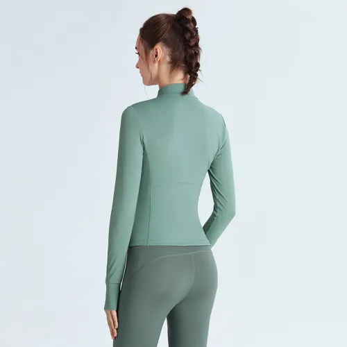Custom LOGO/Pattern Solid Color 75% Nylon + 25% Spandex Training Fitness Quick Dry Yoga Zipper Stretch Tight Long Sleeves Coat For Women (Instock) YGCT-001 S0036