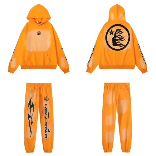 High Quality Hellstar Fire Orange Cotton Hoodie and Trouser Set WTHS-073