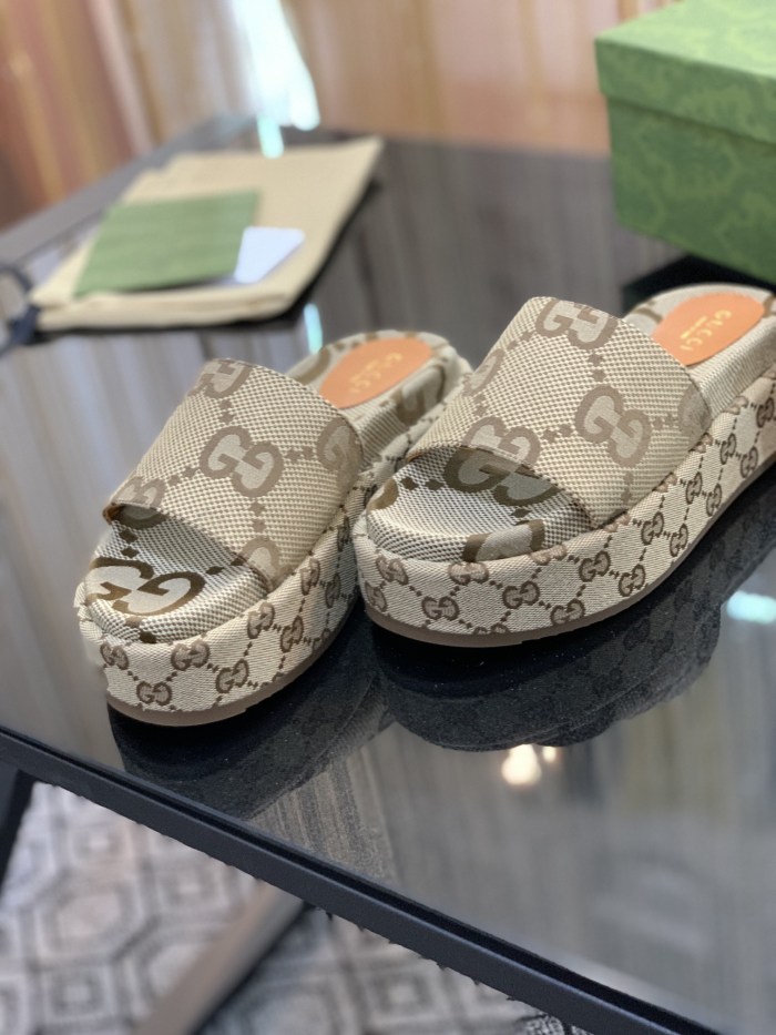 Gucci Platform Slide Sandal Maxi GG Camel Ebony GG Trim Canvas