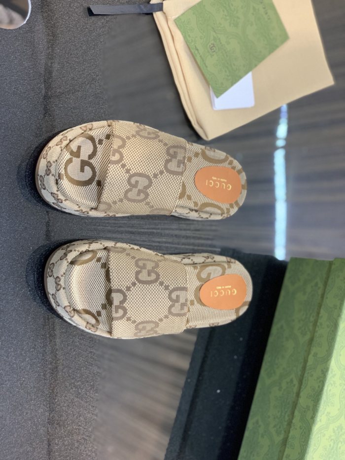 Gucci Platform Slide Sandal Maxi GG Camel Ebony GG Trim Canvas