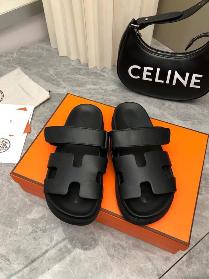 Hermes Chypre calfskin slides black