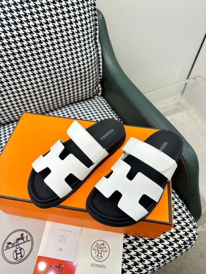 Hermes Chypre Leather Flip Slides White