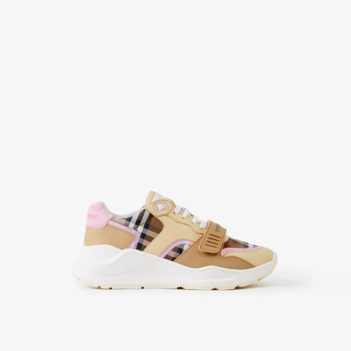 Burberry Check Cotton and Leather Sneakers Birch Brown/Pink