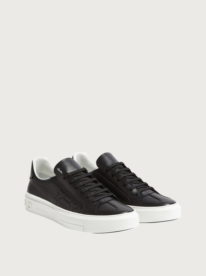 Ferragamo Gancini sneaker calfskin and sued White Black