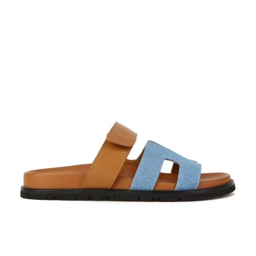 Hermes Denim Calfskin Womens Chypre Sandals Bleu Clair Naturel