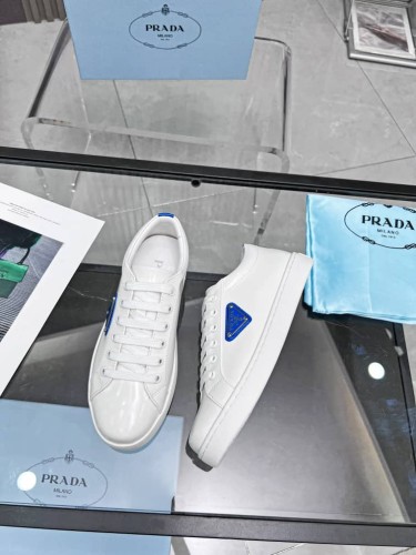 Prada Brushed Sneakers Leather White White Cobalt Blue