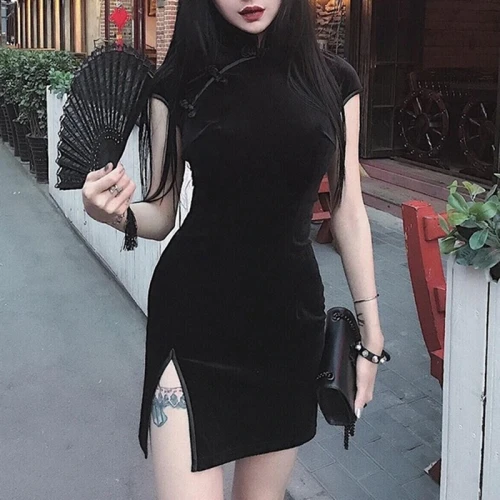 Cheongsam Vintage skinny Dress Women 3Colors Satin Gothic Style Qipao Short