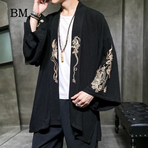 2020 Fashion Costume Embroidery Hanfu Men Chinese Style Linen Robe Cardigan Jacket Oversized Kimono 5XL Ancient Coat Male