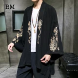 2020 Fashion Costume Embroidery Hanfu Men Chinese Style Linen Robe Cardigan Jacket Oversized Kimono 5XL Ancient Coat Male