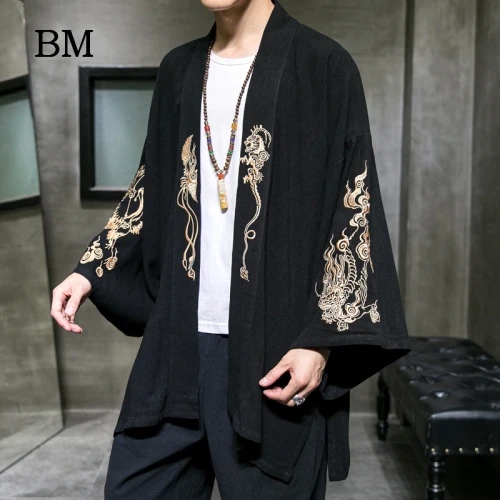 2020 Fashion Costume Embroidery Hanfu Men Chinese Style Linen Robe Cardigan Jacket Oversized Kimono 5XL Ancient Coat Male