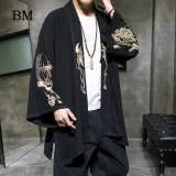 2020 Fashion Costume Embroidery Hanfu Men Chinese Style Linen Robe Cardigan Jacket Oversized Kimono 5XL Ancient Coat Male