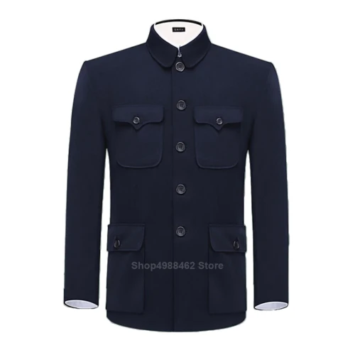 Traditional Chinese Tang Suit for Men Jacket Coat New Year Spring Festival Tunic Zhongshan Mao Suit Blazer Knitting Pockets Top
