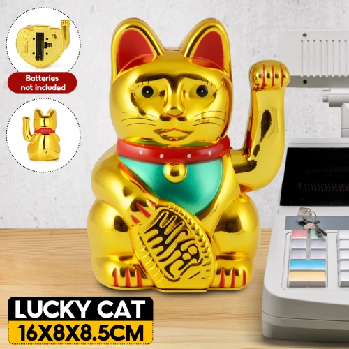 KiWarm Classic Chinese Lucky Wealth Electric Wink Cat Gold Waving Cat Beckoning Maneki Powered by AA Battery Feng Shui Crafts