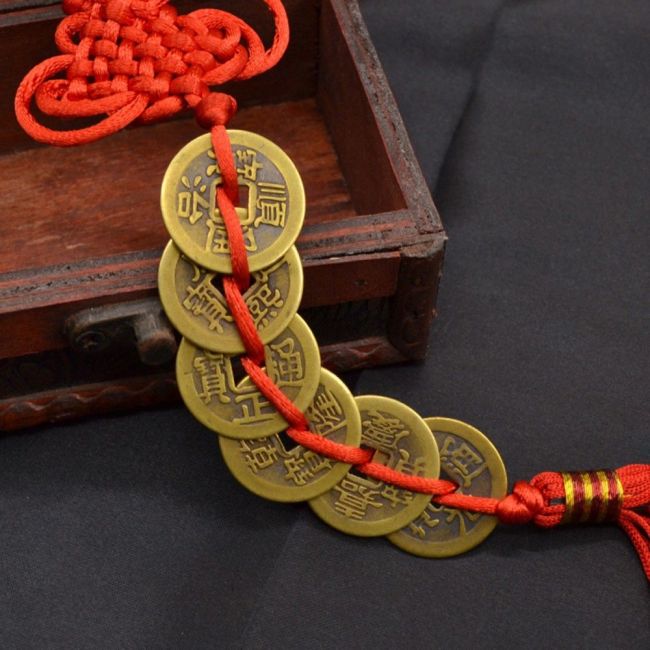 Ancient Coin Set Antique Fortune Money Coin Luck Wealth Success 6 Copper Coins Chinese Knot Red Rope Feng Shui Lucky Home Decor