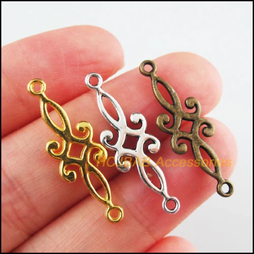 40Pcs Retro Tibetan Silver Tone Gold Antiqued Bronze Tone Chinese Knot Charms Connectors 9x29.5mm