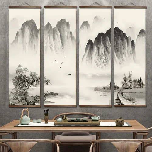 Chinese Style Ink Painting Alpine Canvas Decorative Painting Bedroom Living Room Wall Art Posters Solid Wood Scroll Paintings