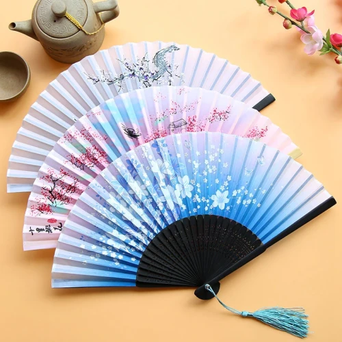 Vintage Silk Folding Fan Retro Chinese  Bamboo Hand Folding Fan Dance Hand Fan Home Decoration Ornaments Craft Gift Fan
